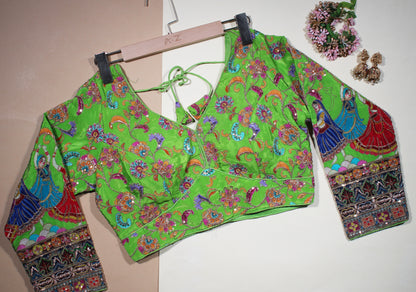 Lime Green Silk Blouse with Hand-Crafted Traditional Dancer Border & Zardosi Work