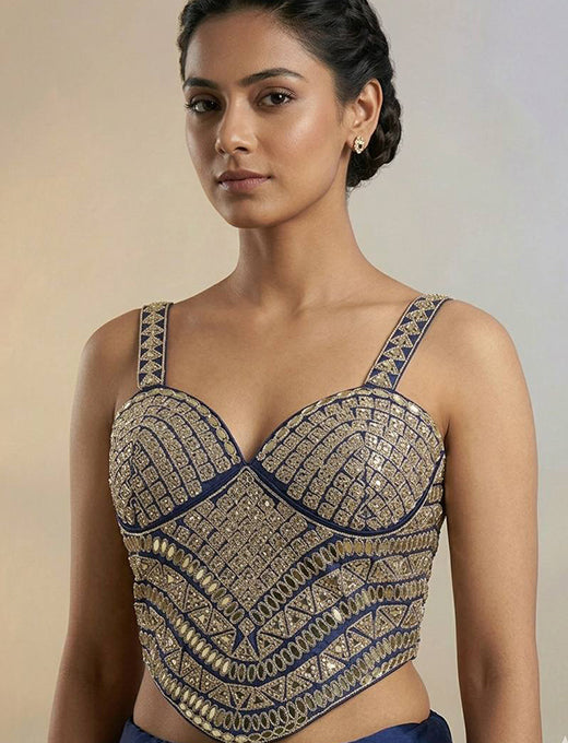 Royal Blue Bridal Mirror Work Corset Blouse