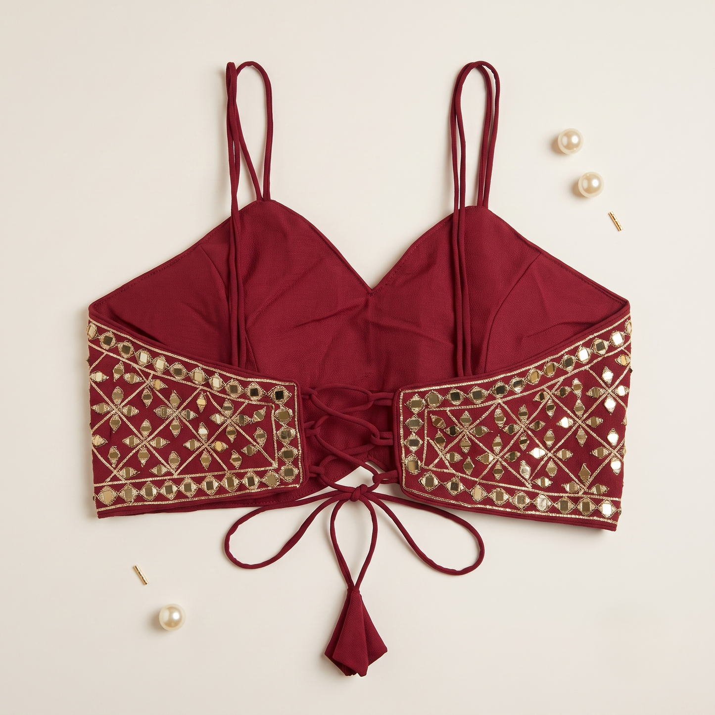 Designer Maroon Mirror Work Sleeveless Blouse for Lehenga & Saree