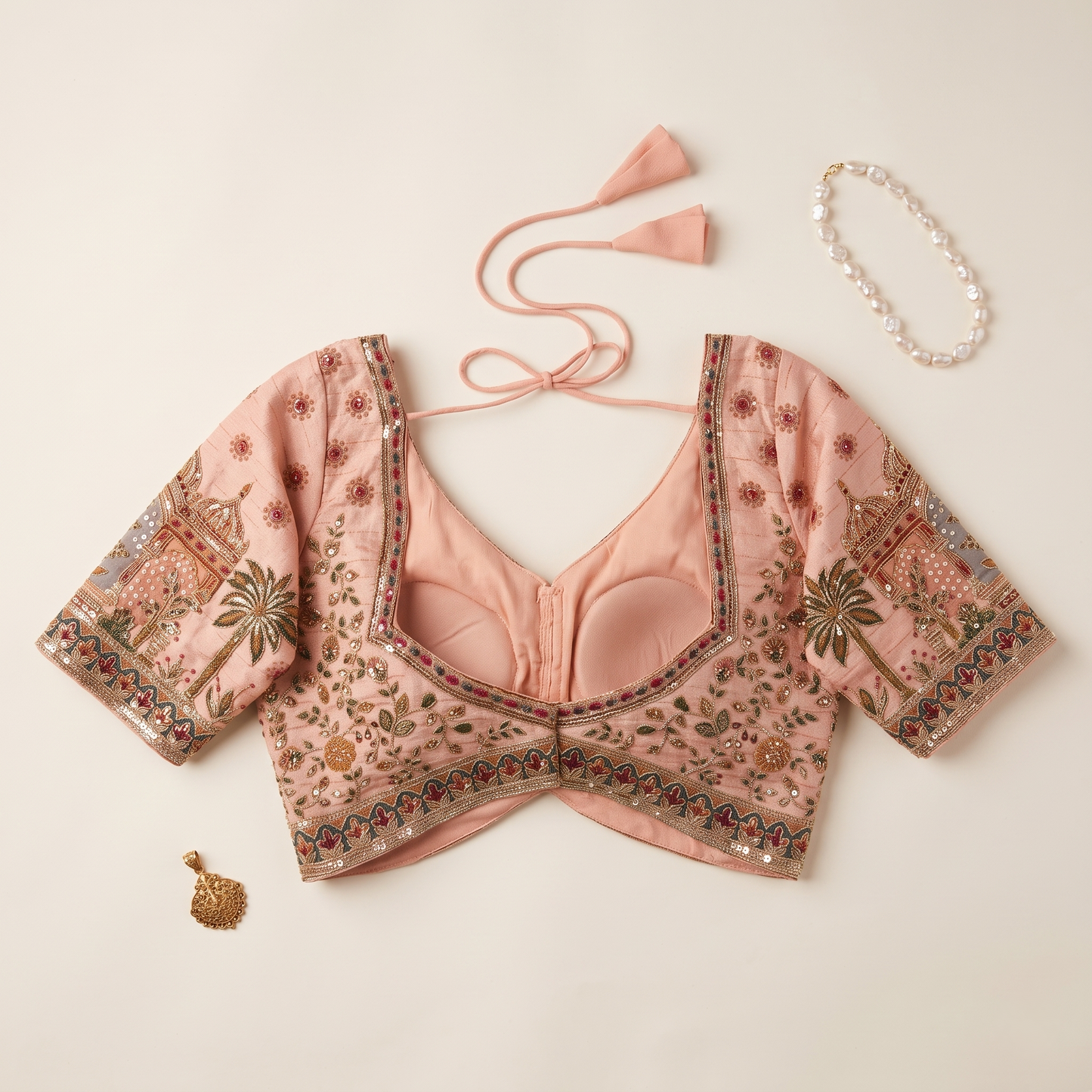Baby Pink Silk Sweetheart Neck Blouse with Zari & Floral Embroidery