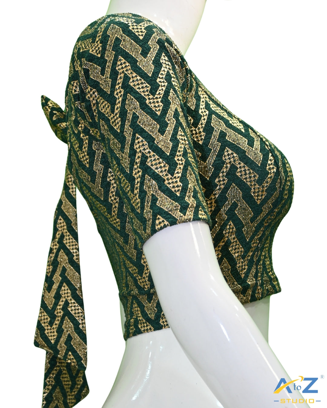 Dark Green Crush Blouse with Zig Zag Golden Print