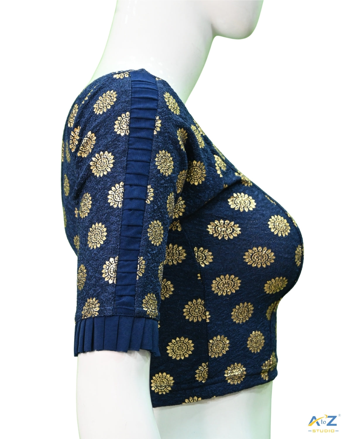Navy Blue Crush Blouse with Golden Sunflower