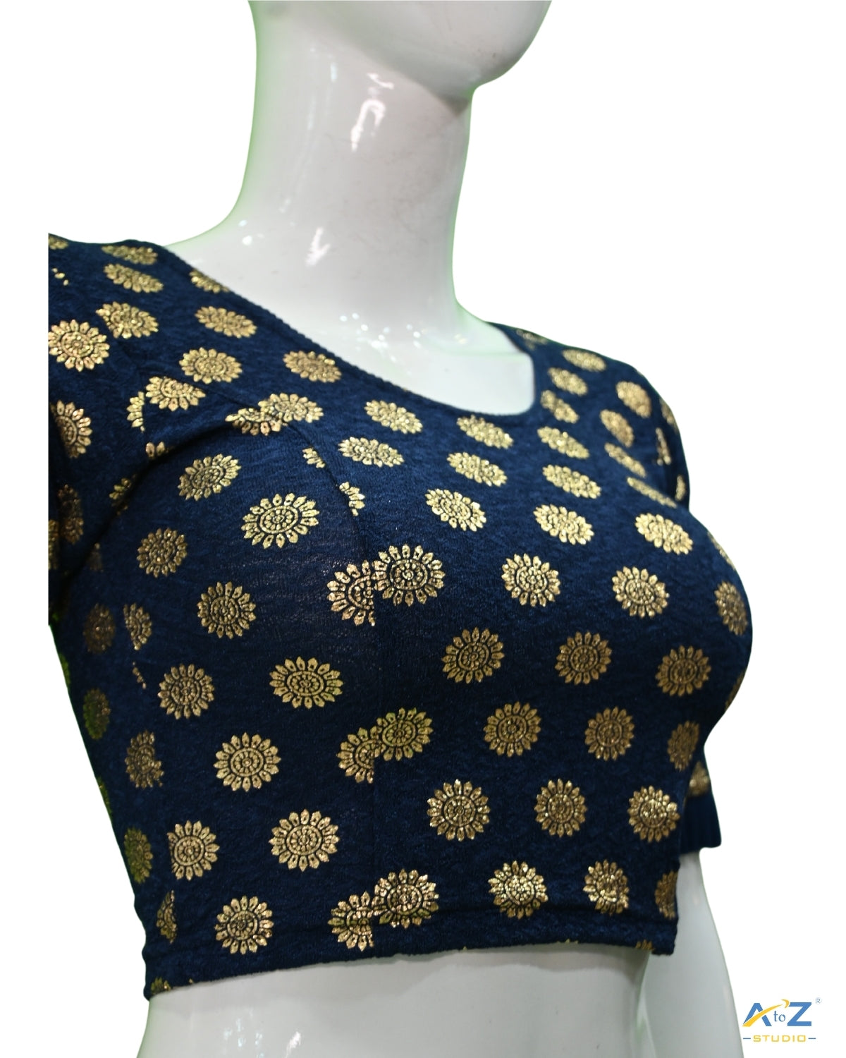 Navy Blue Crush Blouse with Golden Sunflower