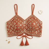 Designer Orange Mirror Work Sleeveless Blouse for Lehenga & Saree