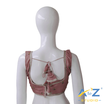 Frost Pink Embroidered Silk Blouse – V-Neck with Front Hook