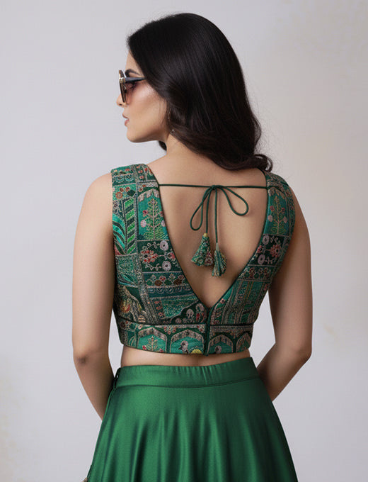 Dark Green Ethnic Blouse with Traditional Rajasthani Mirror Work & Embroidery