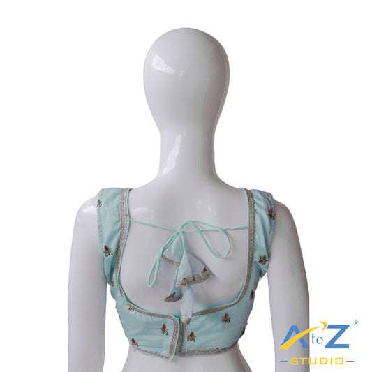 Light Aqua Blue Embroidered Silk Blouse – V-Neck with Front Closure