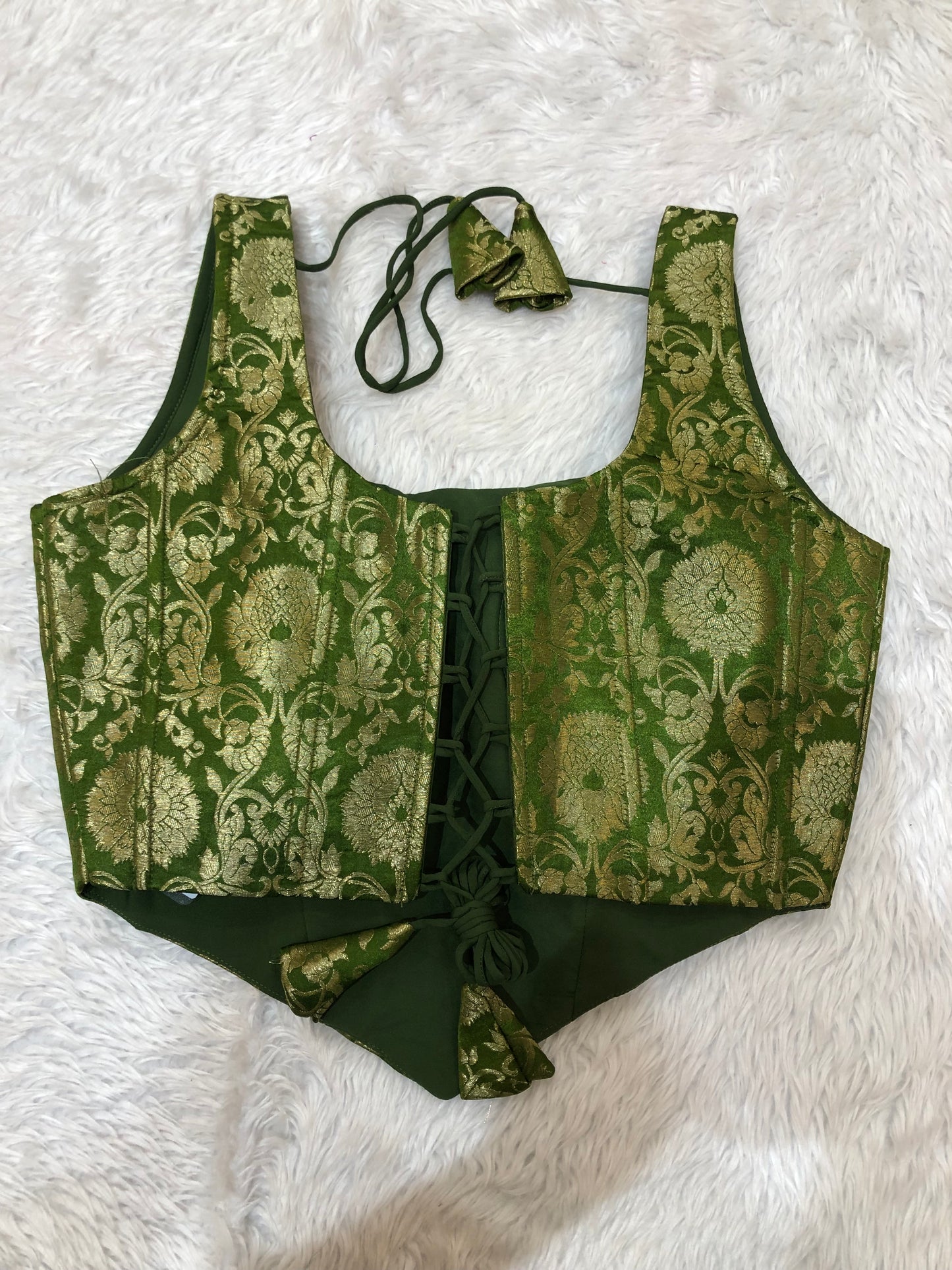 Green Jacquard Crop Blouse with Dori Details