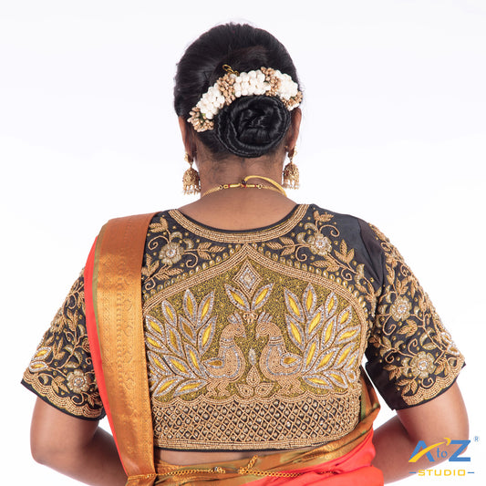 Black Silk Cloth Blouse with (double big peacock at back ) ( flower and leaf at sleeves) Design