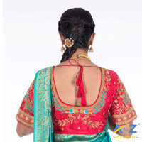 Punch Pink Silk Cloth Blouse with Peacock Design