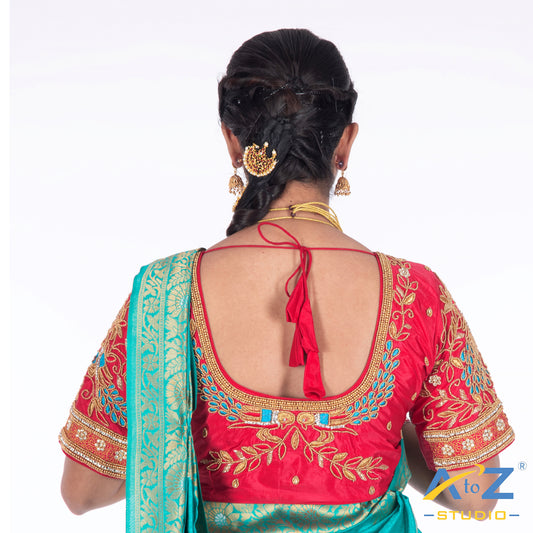 Punch Pink Silk Cloth Blouse with Peacock Design