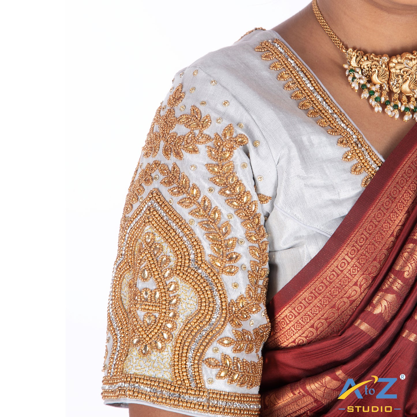 Silver Silk Cloth Blouse with Small leaf and chain work Design