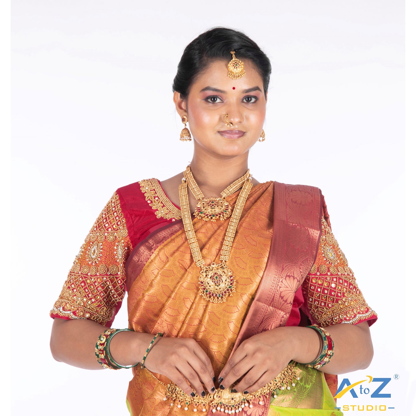 Brink Pink Silk Cloth Blouse with kundan and chain work Design