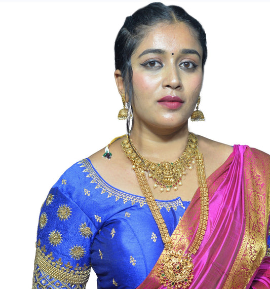 Royal Blue Blouse with Floral, Mango Stone & Kite Motifs, Dual Embroidery