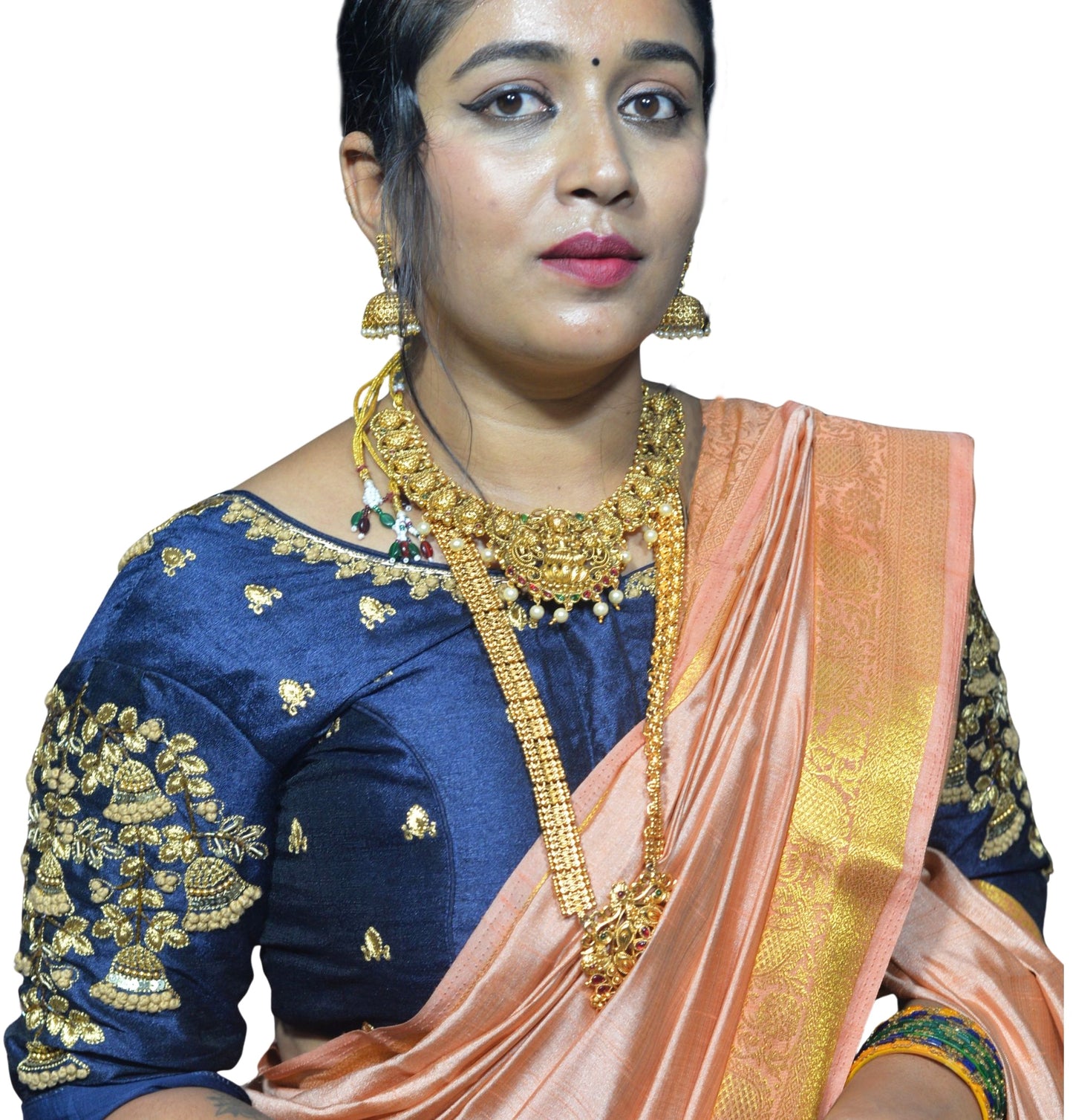 Elegant Navy Blue Blouse Featuring Floral Embroidery with Multiple Branches and Leafy Detailing, Crafted in a Fusion of Aari and Machine Work