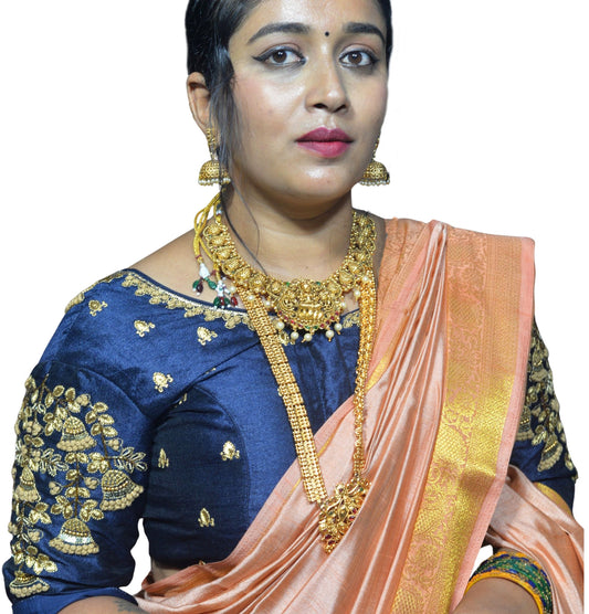 Elegant Navy Blue Blouse Featuring Floral Embroidery with Multiple Branches and Leafy Detailing, Crafted in a Fusion of Aari and Machine Work