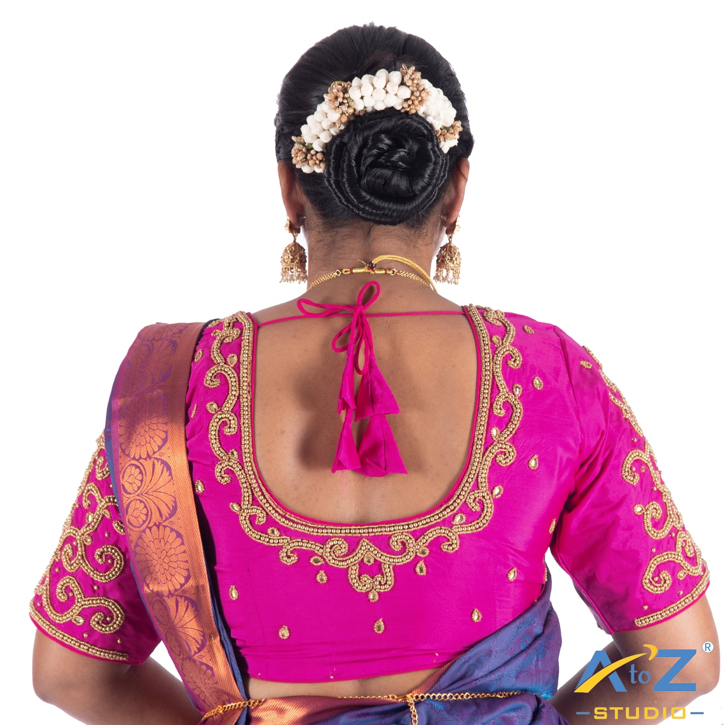 Fuchsia Silk Cloth Blouse with kundan work with chain Design