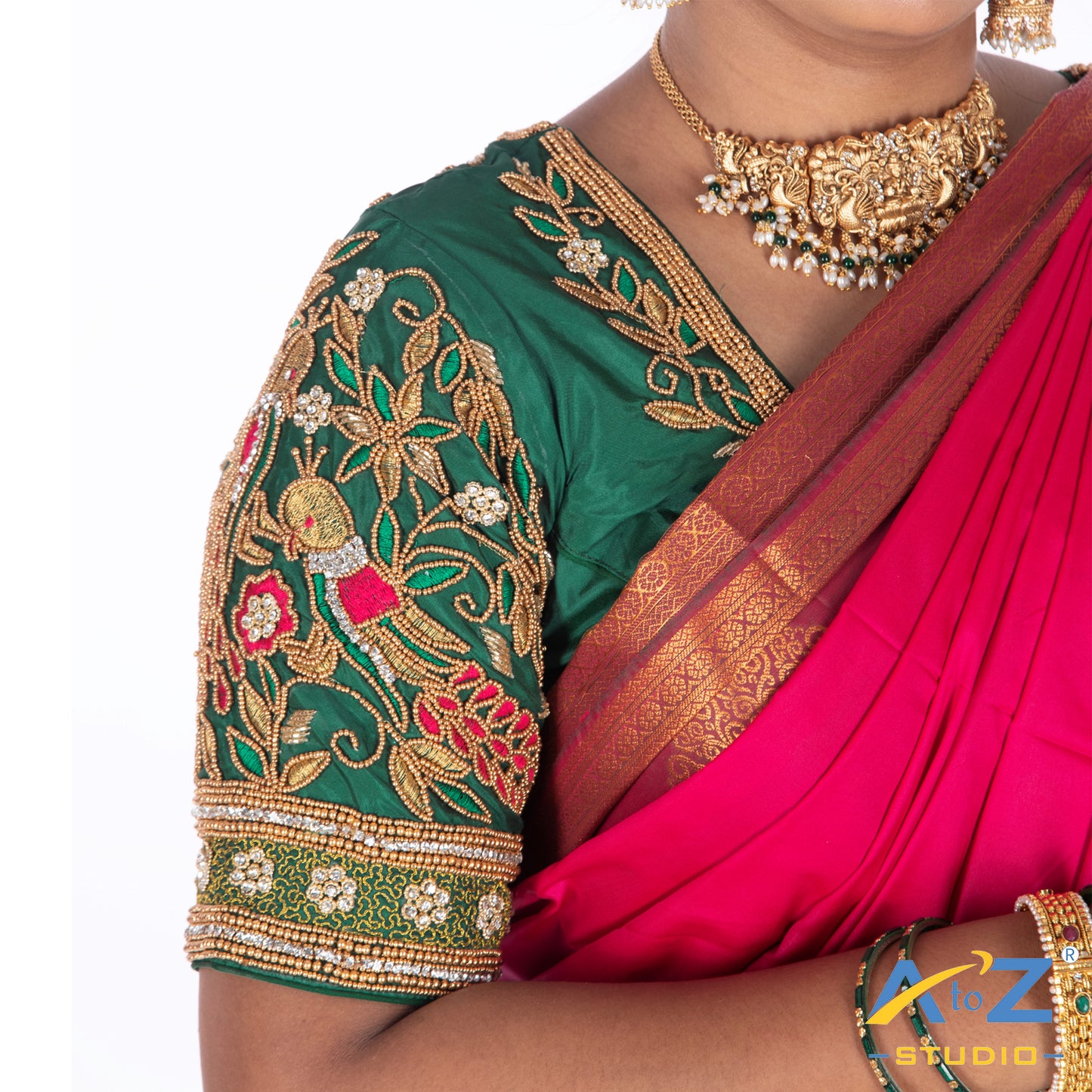 Dark Green Silk Cloth Blouse with Peacock Design