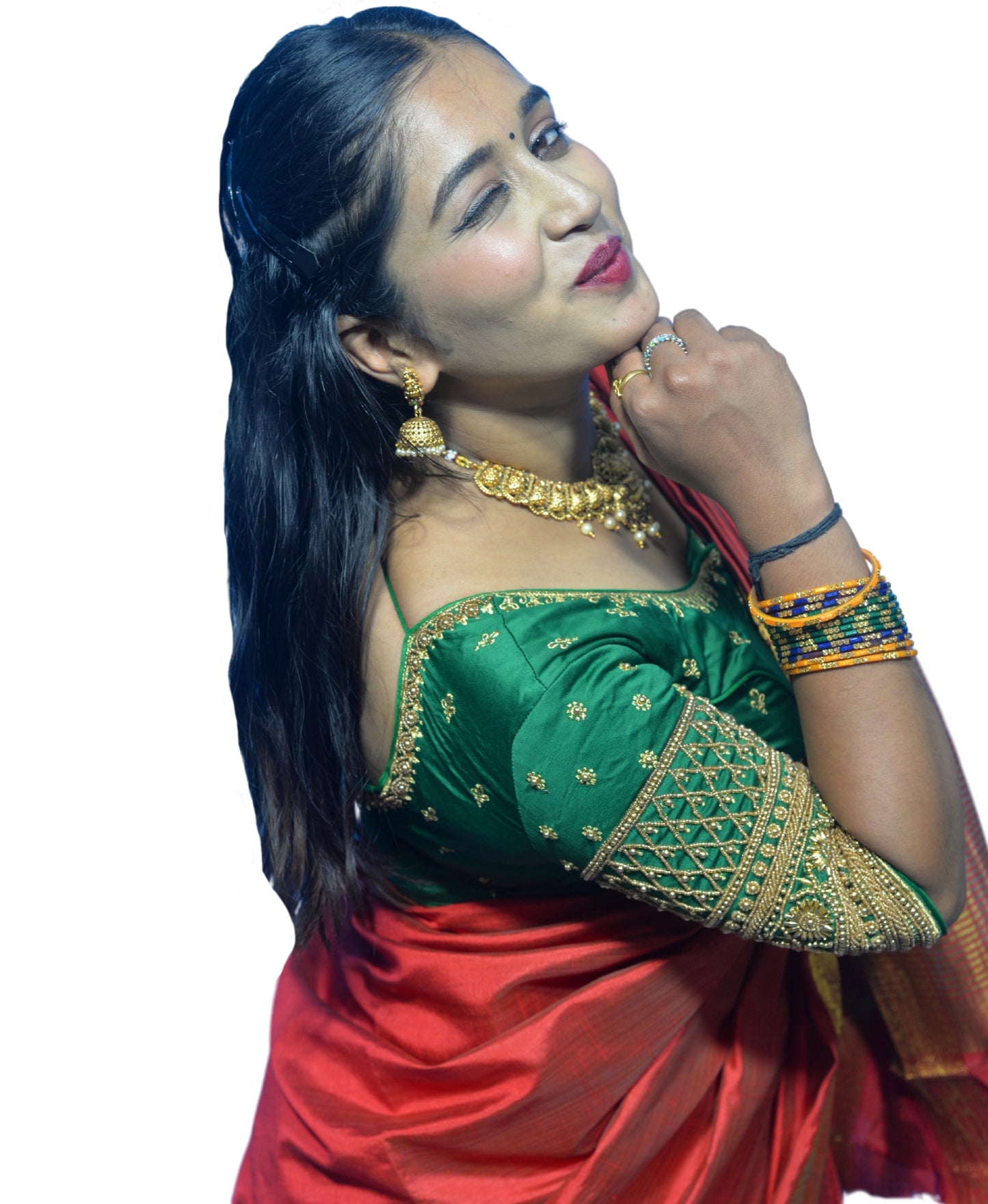 Designer Peacock Green Blouse with Criss-Cross Floral Sleeves and Aari Embroidered Back