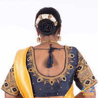Navy Blue Silk Cloth Blouse with Kite,kundan and leaf design Design