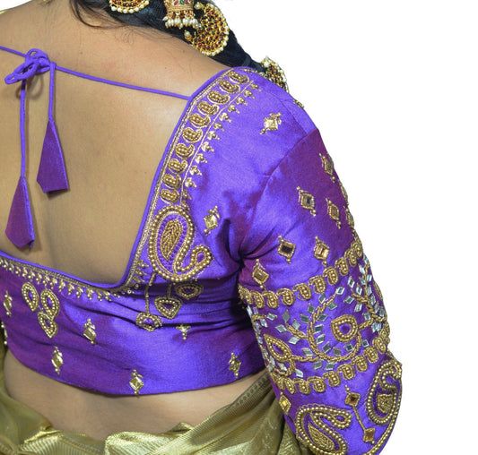 Dark Lavender Blouse with Kite & Mango Motifs, Dual Embroidery
