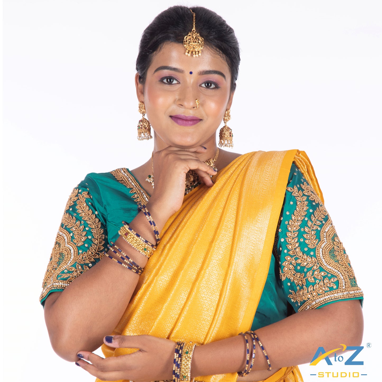 Sapphire Blue Silk Cloth Blouse with Small leaf and chain work Design