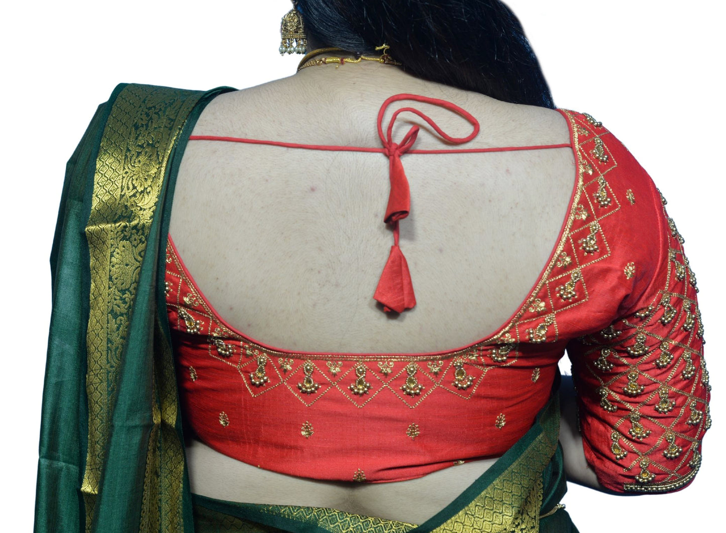 Red Blouse with Criss-Cross, Footprint & Bush Embroidery