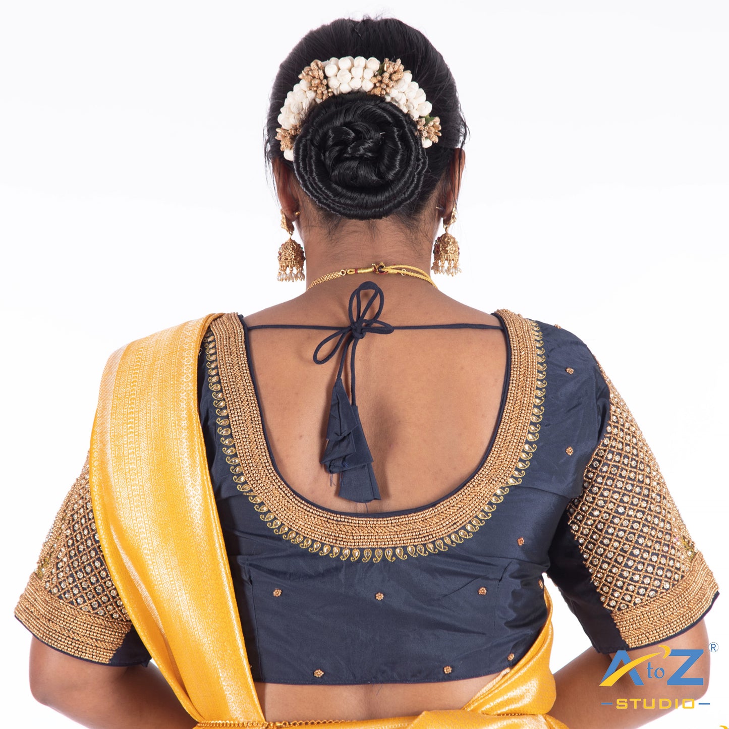 navy Blue Silk Cloth Blouse with Mango and chain kundan Design