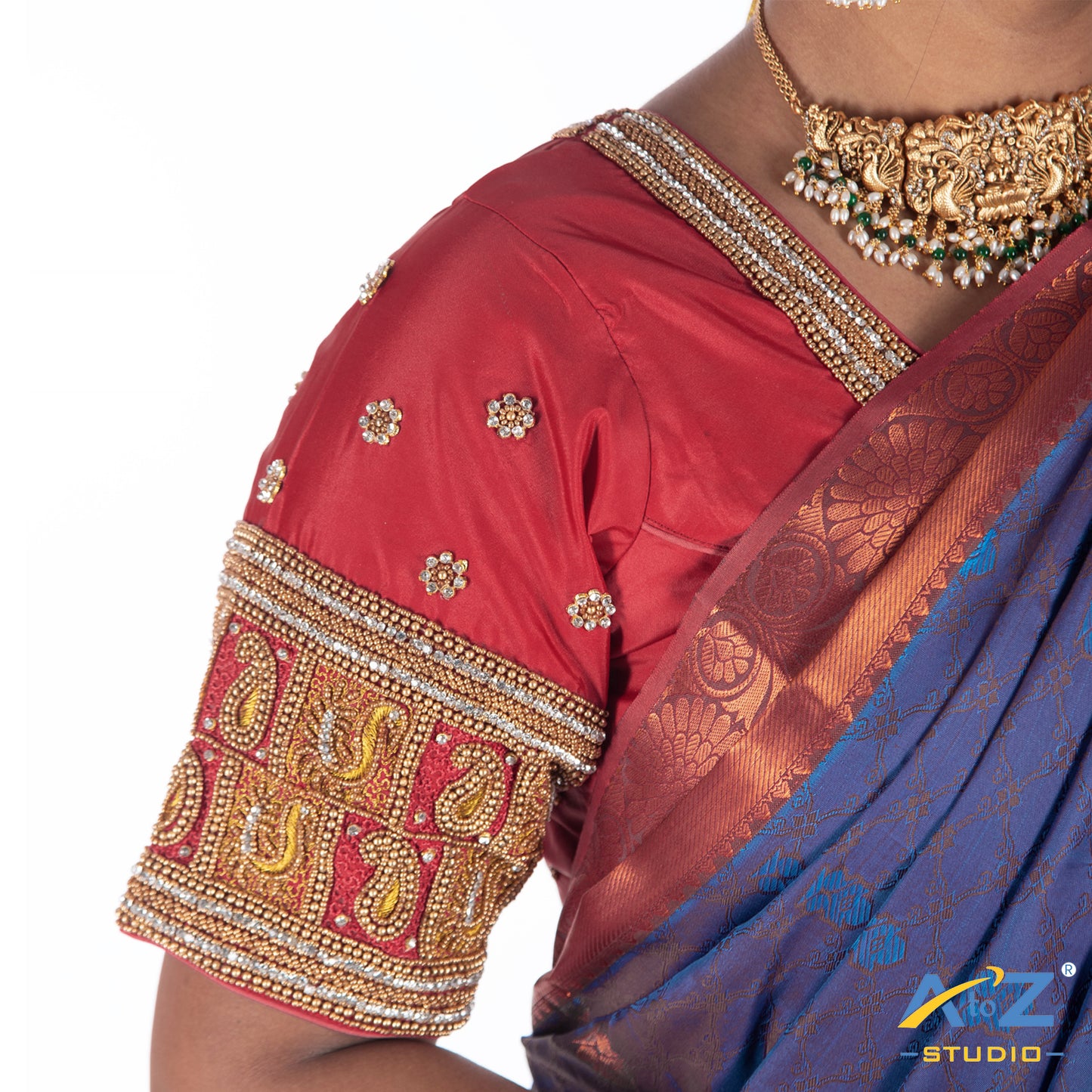 Punch Pink Silk Cloth Blouse with Small peacock and small mango in square box Design