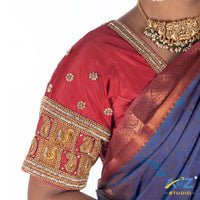 Punch Pink Silk Cloth Blouse with Small peacock and small mango in square box Design