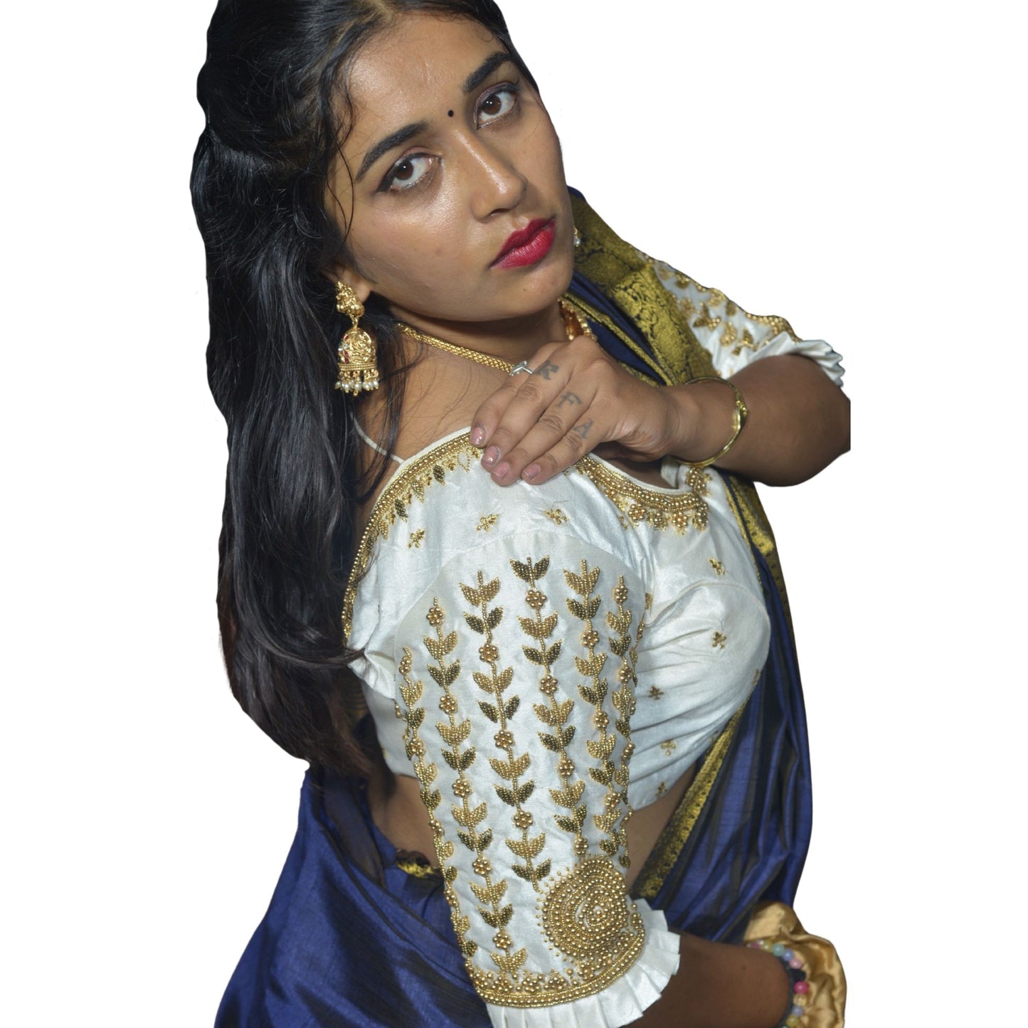 Designer White Blouse with Leaf and Flower Sleeve Design and Aari Embroidered Back