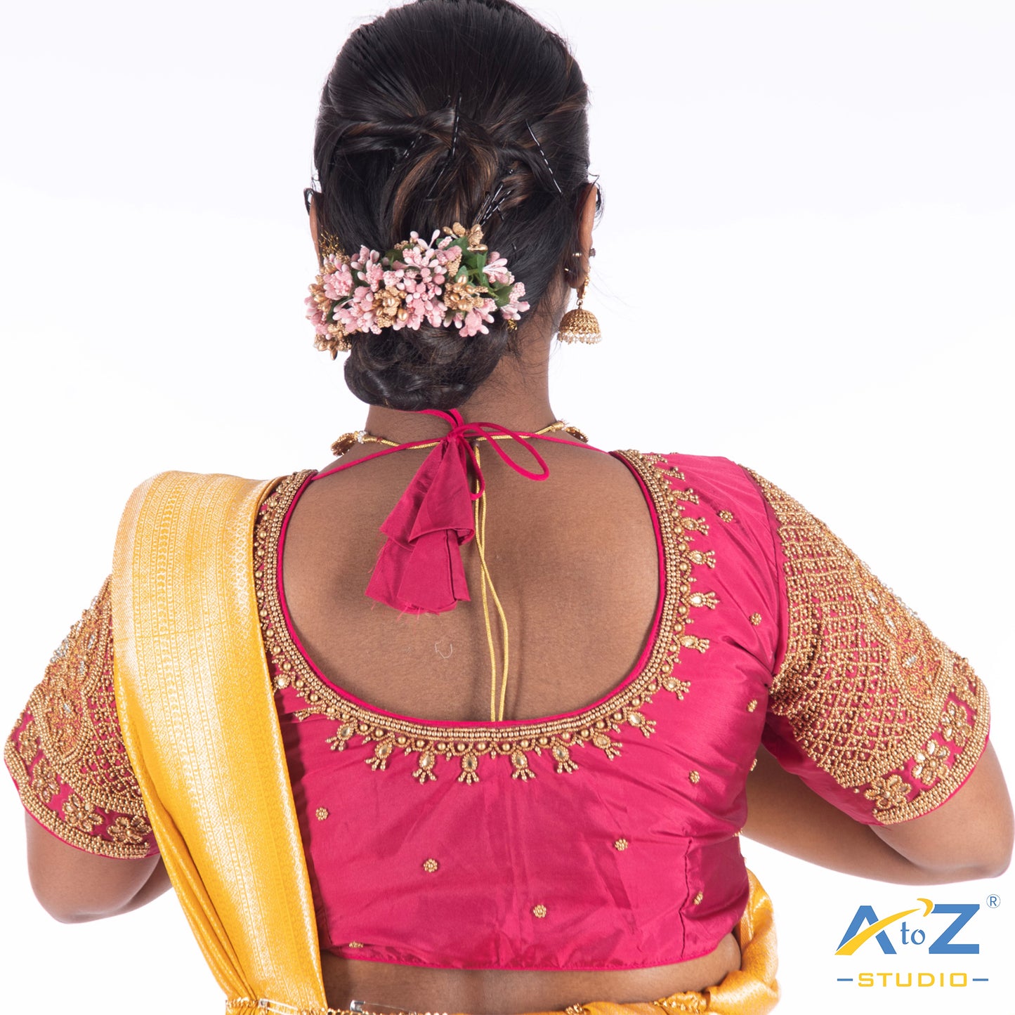 Deep Pink Silk Cloth Blouse with Flower with chain and kundan Design