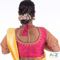 Deep Pink Silk Cloth Blouse with Flower with chain and kundan Design