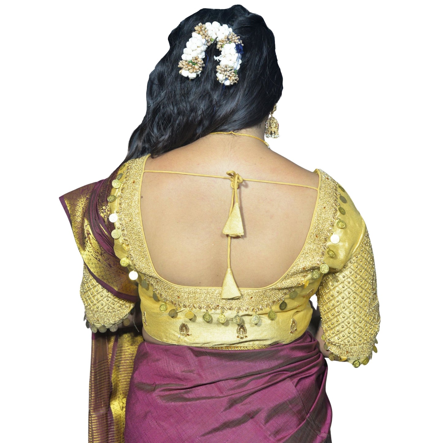 Gold Blouse with Moti & Lakshmi Coin Sleeves, Dual Embroidery