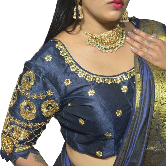 Traditional Navy Blue Blouse with Criss-Cross Sleeves and Lakshmi Aari Work