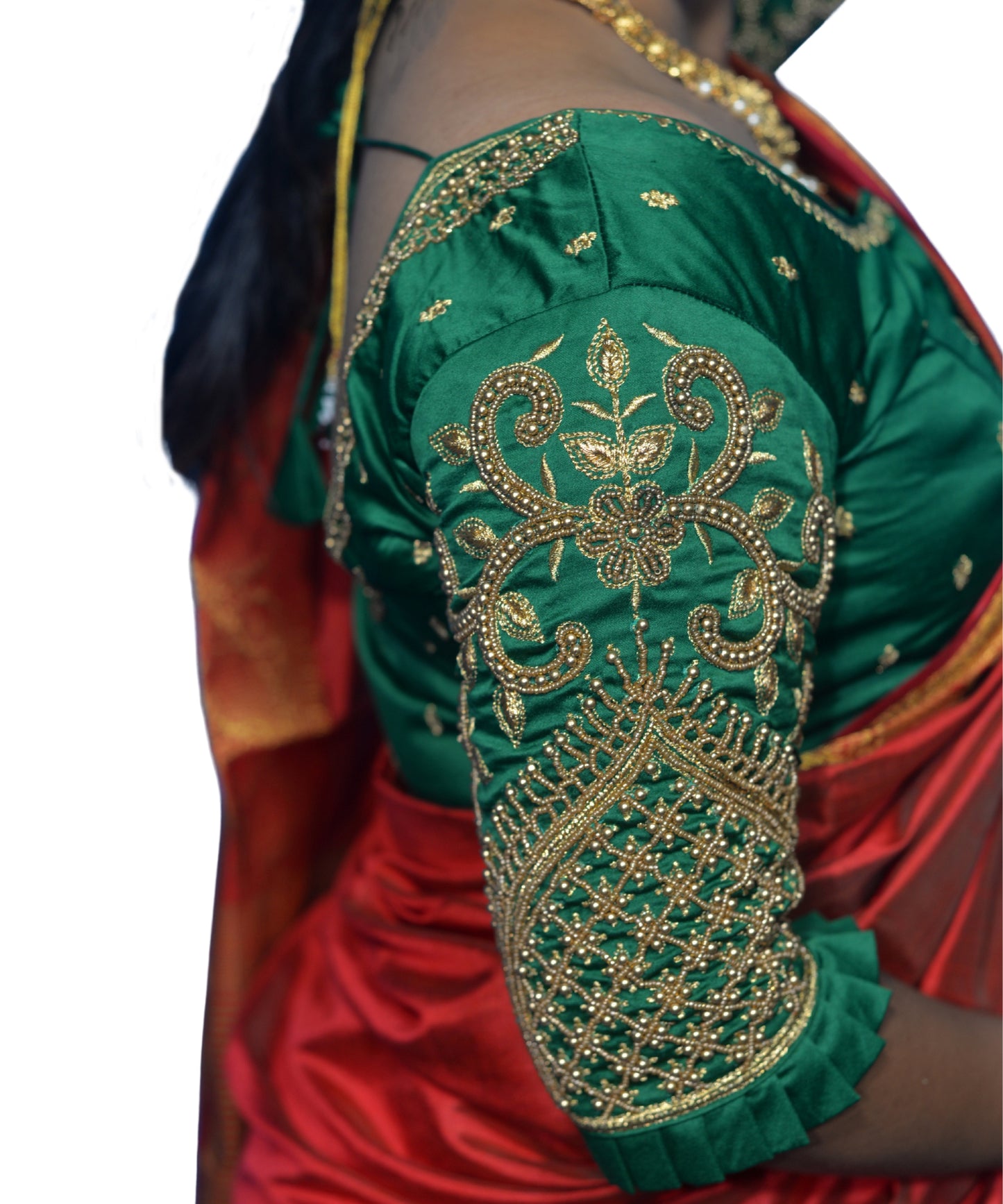 Parrot Green Blouse with Leaf Sleeves & Dual Embroidery