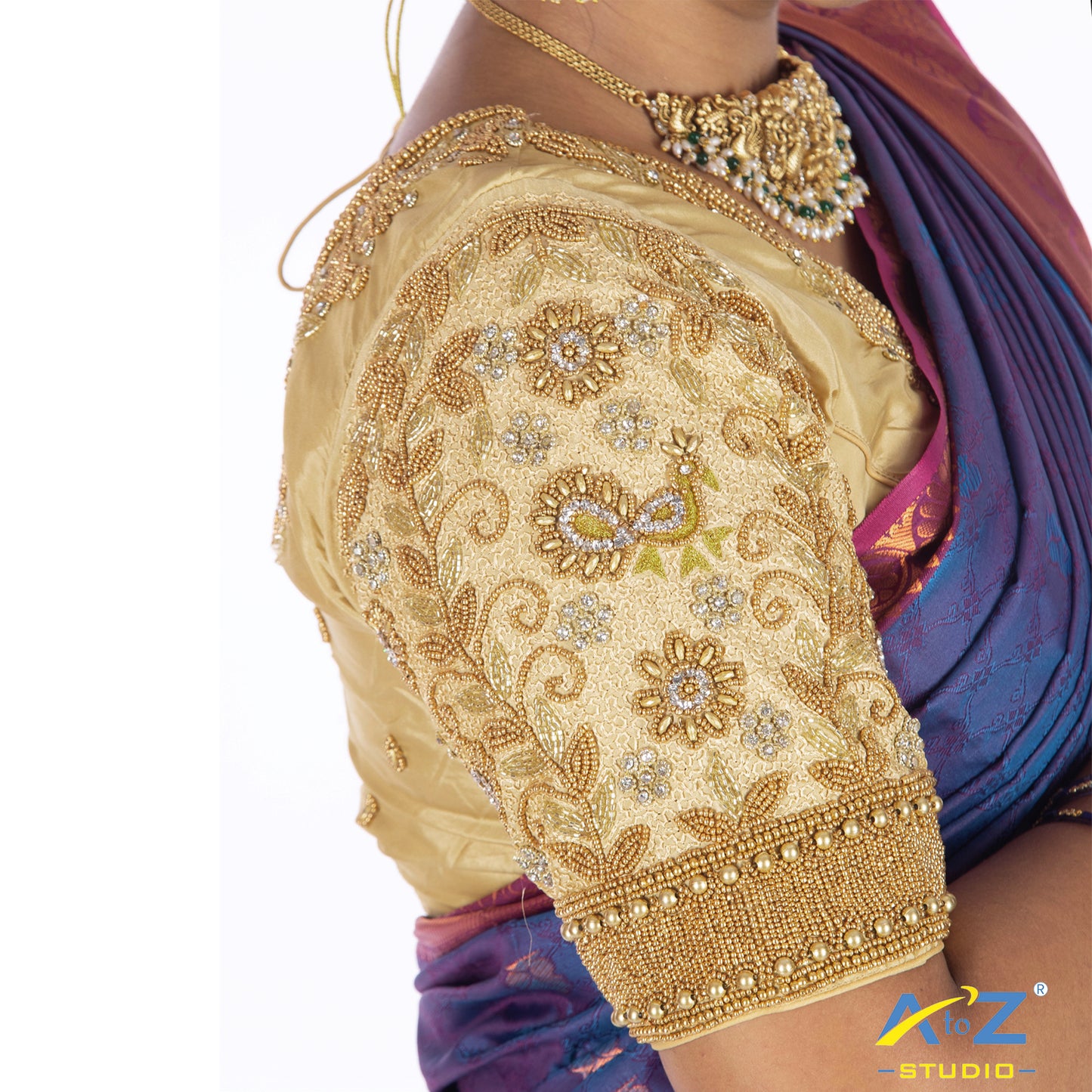 Ivory with silver work Blouse with Pearl,leaf and flower mixed Design