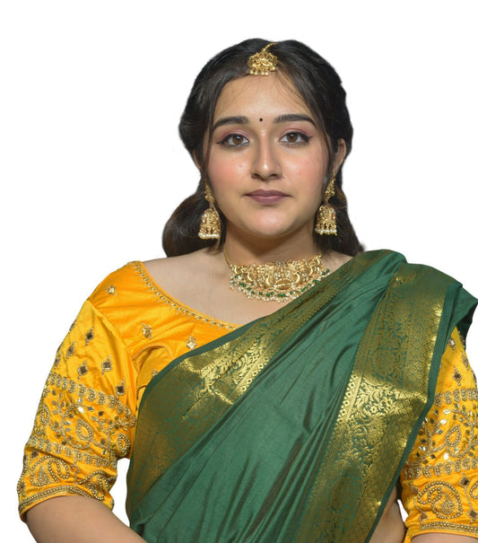 Golden Yellow Blouse with Kite & Mango Motifs, Dual Embroidery