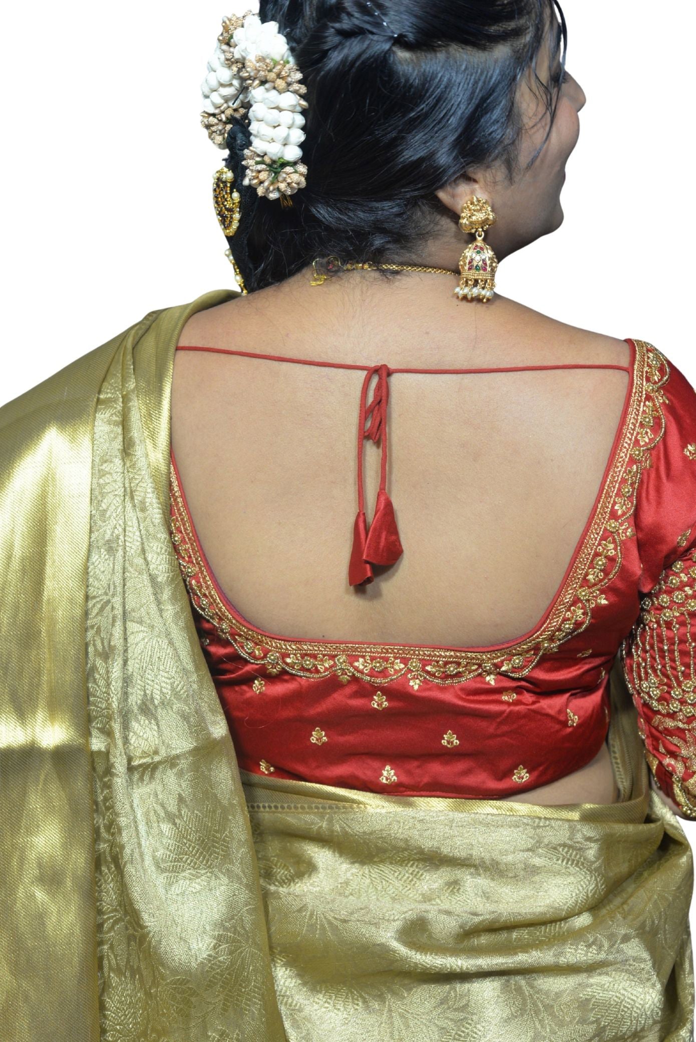 Designer White Blouse with Peacock and Floral Aari Fusion Work