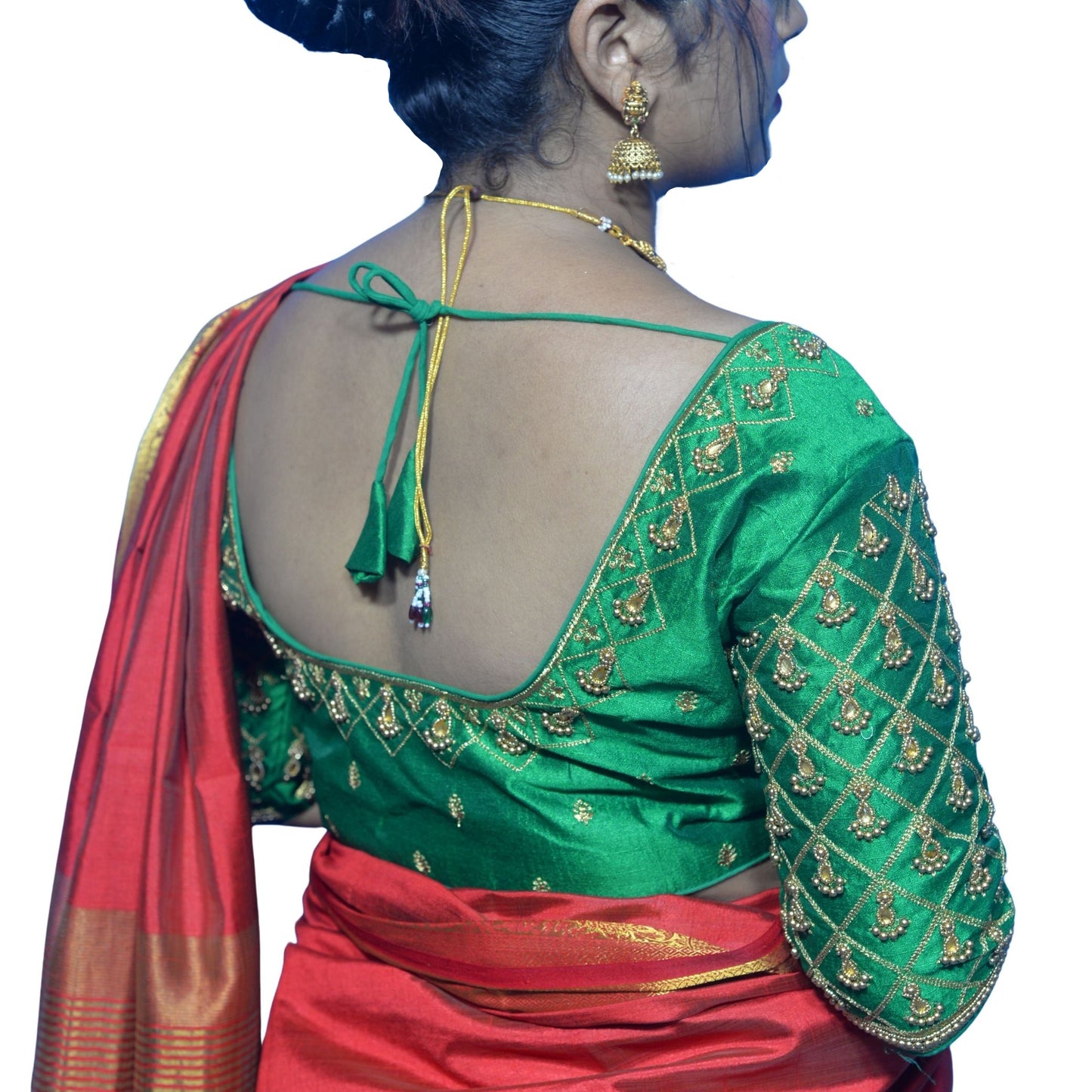 Parrot Green Blouse with Criss-Cross, Footprint & Bush Embroidery