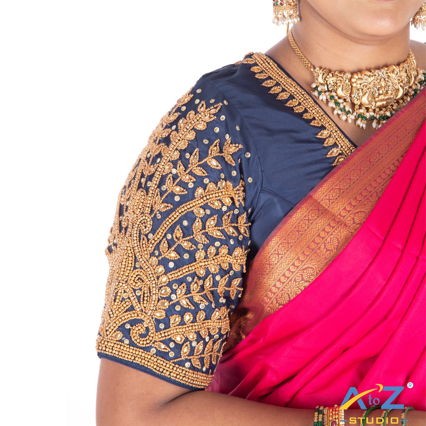 Navy Blue Silk Cloth Blouse with Small leaf (like flower pot) and chain work Design