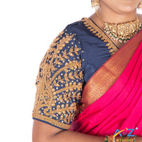 Navy Blue Silk Cloth Blouse with Small leaf (like flower pot) and chain work Design