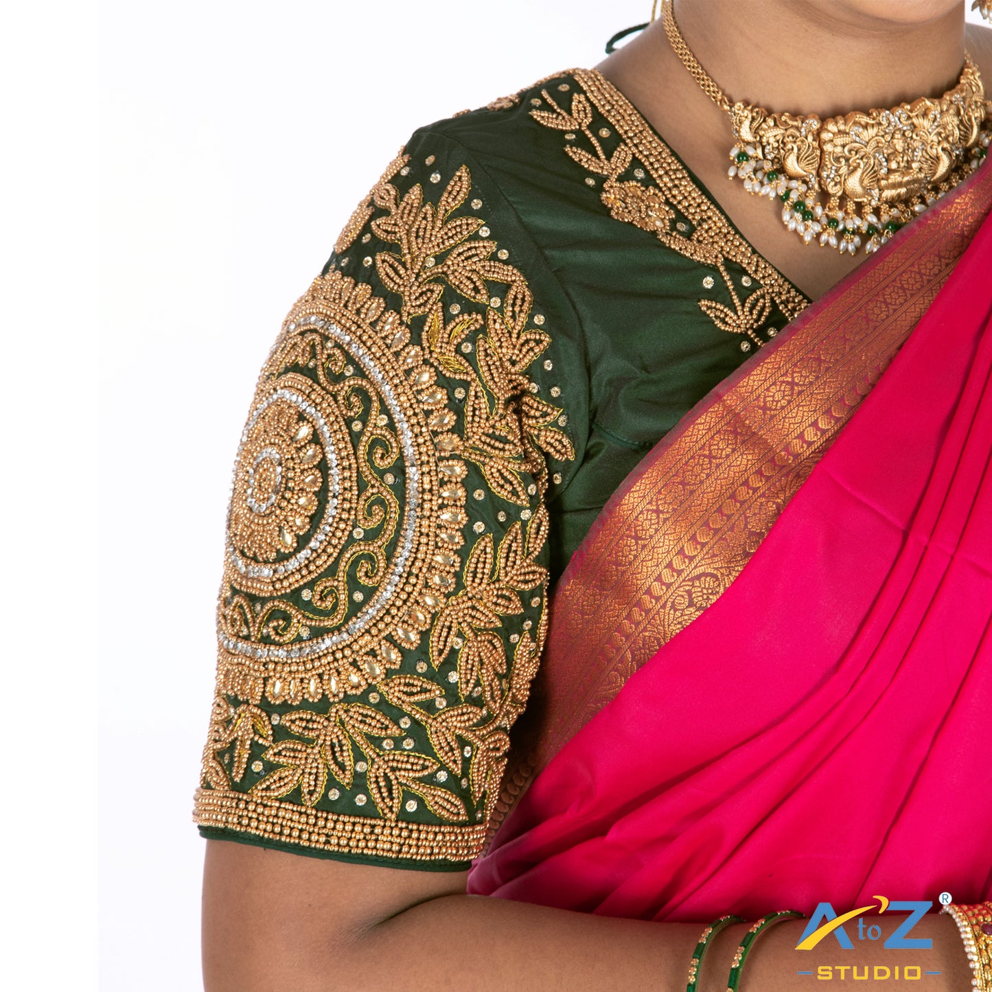 Bottle Green Tissue Cloth/Gold Work Blouse with Circle and kundan work Design