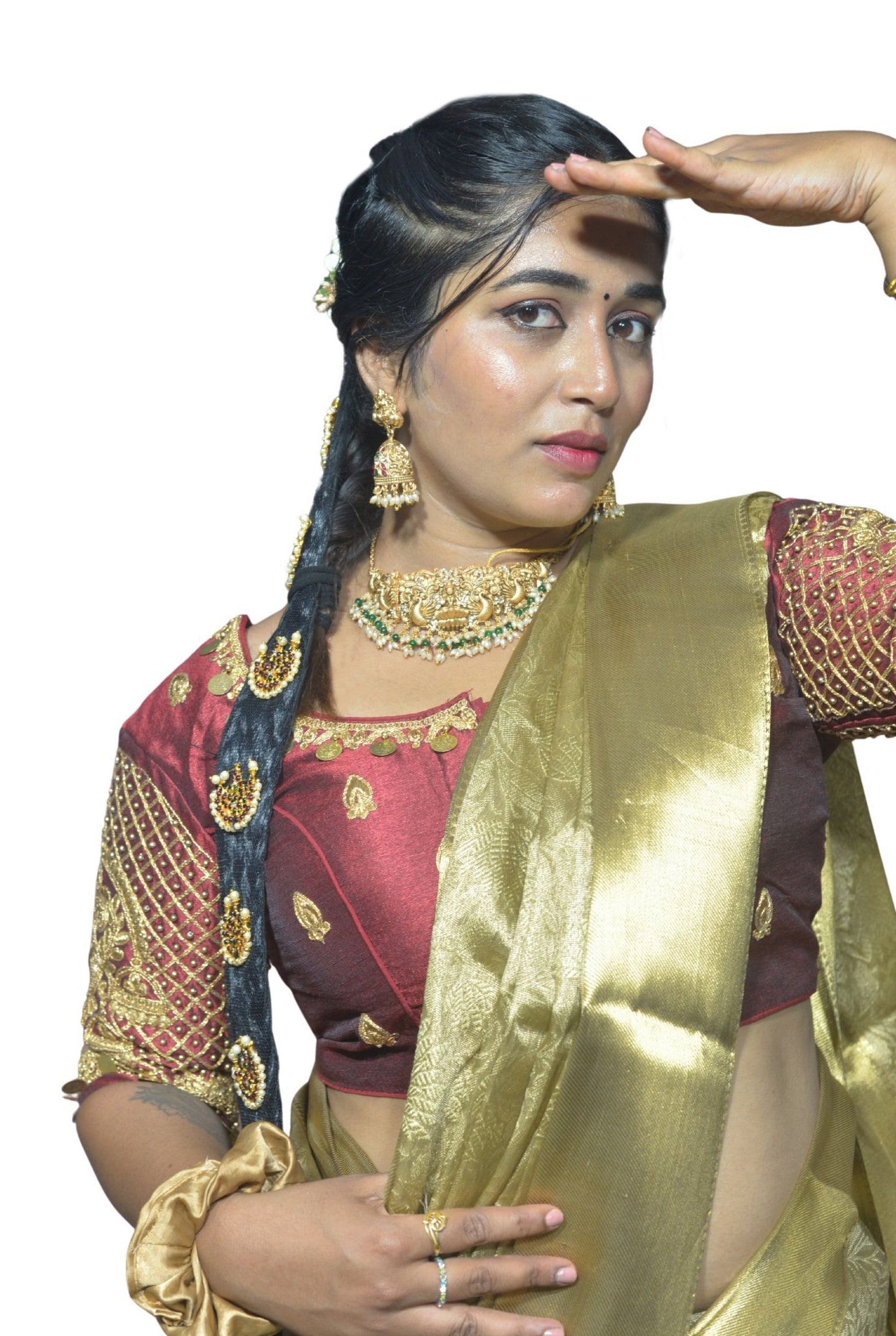 Maroon Aari Blouse with Moti & Coins