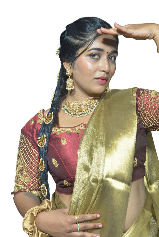 Maroon Aari Blouse with Moti & Coins