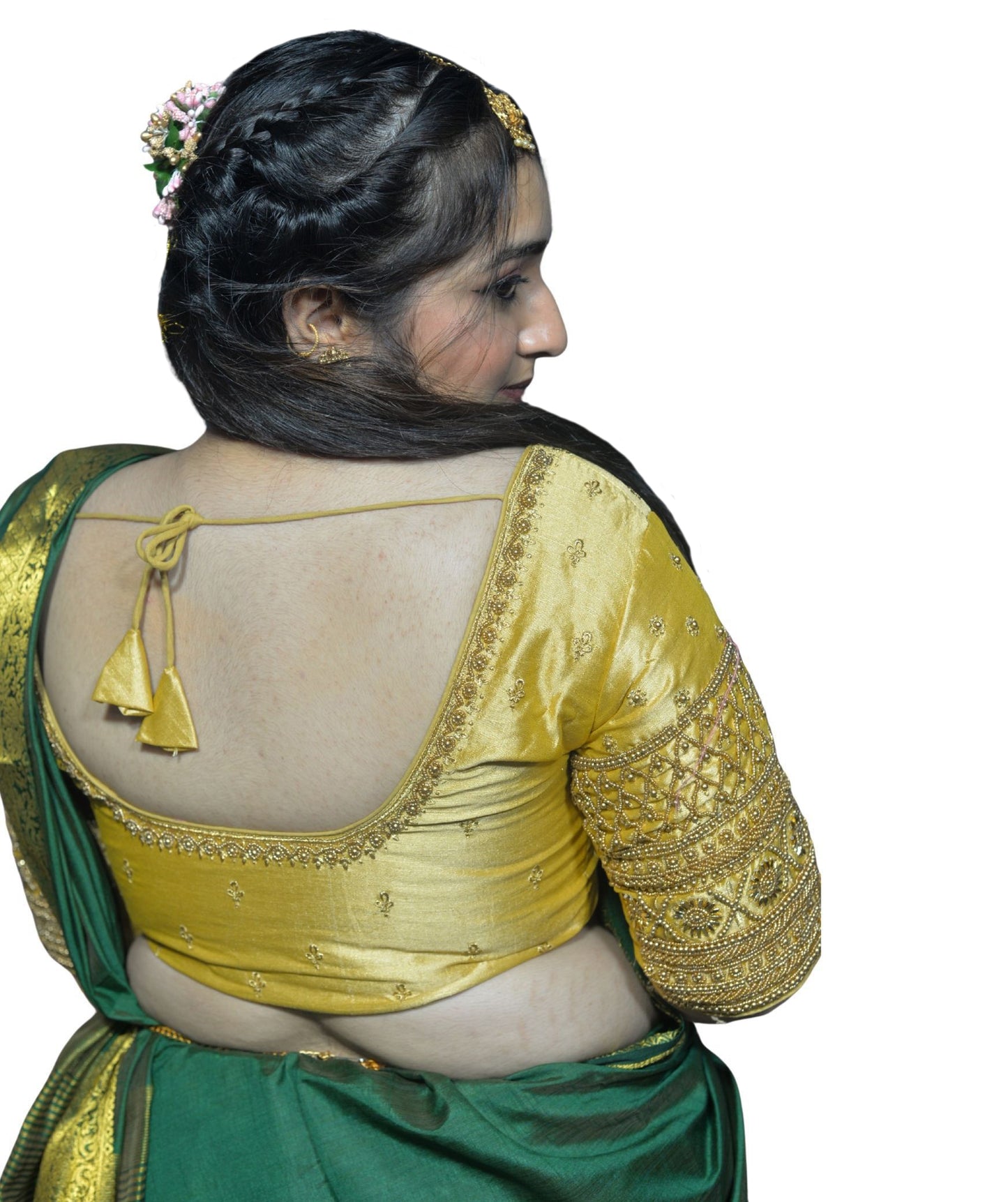 Designer Gold Blouse with Criss-Cross Floral Sleeves and Aari Embroidered Back