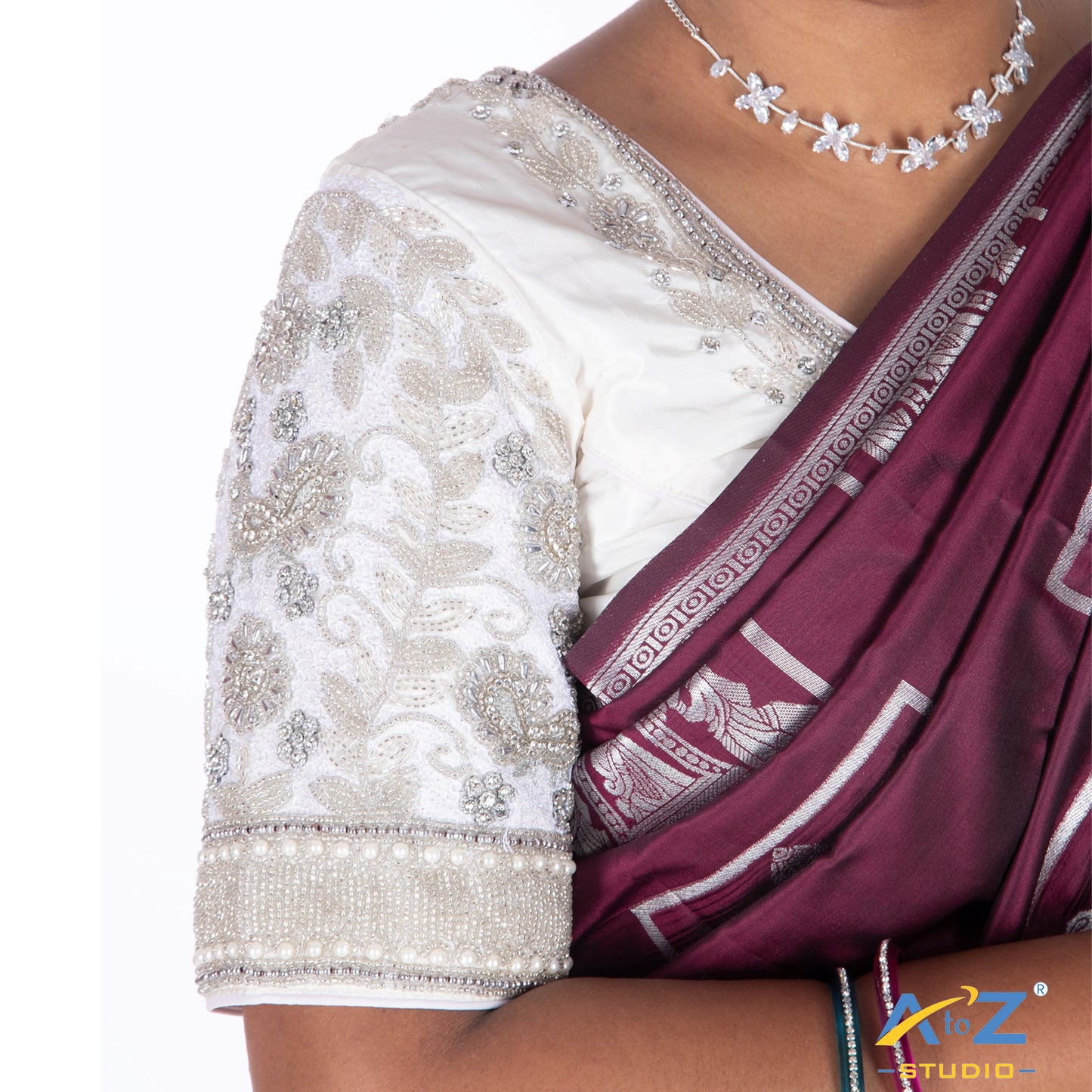 Silver Tissue Cloth/Silver cloth Blouse with Pearl,leaf and flower mixed Design