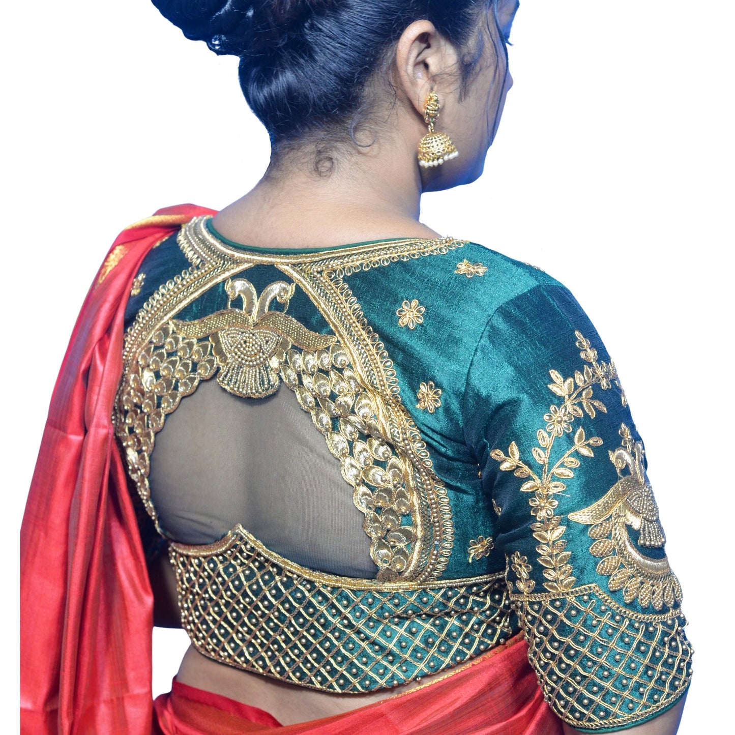 Dark Green Peacock Blouse with Shoulder Motifs & Criss-Cross Back