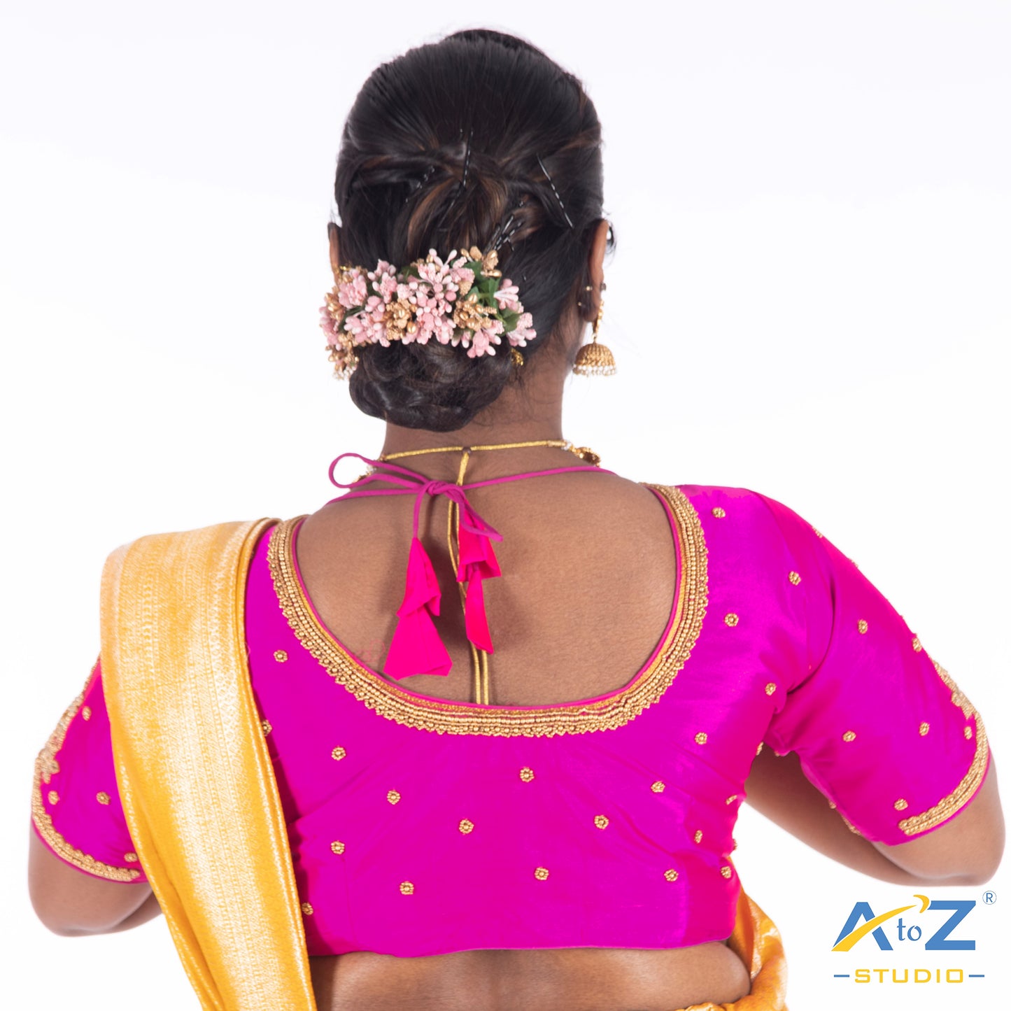 Bright Pink Silk Cloth Blouse with 2 mango and flower design Design