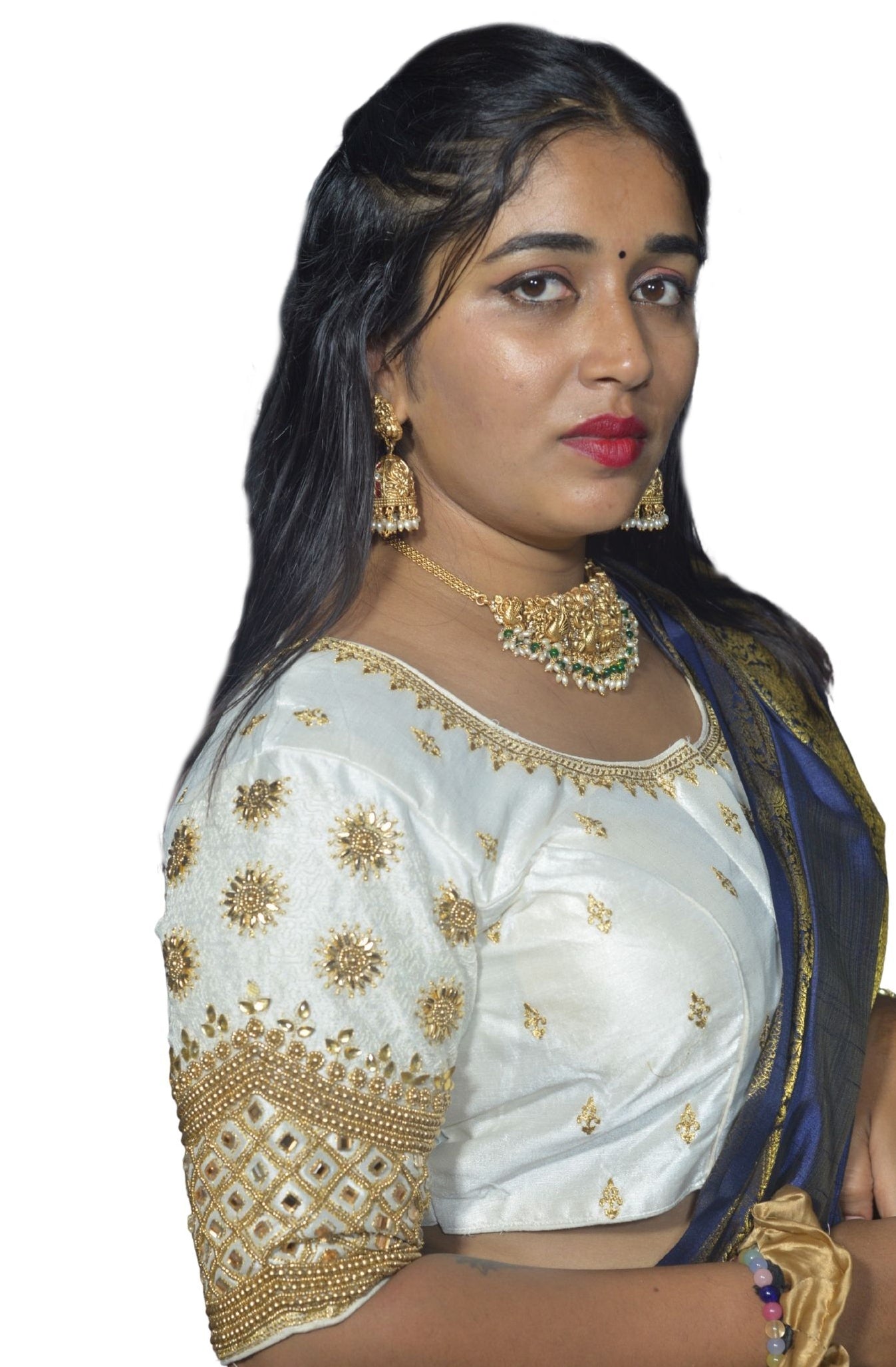 White Blouse with Floral, Mango Stone & Kite Motifs, Dual Embroidery